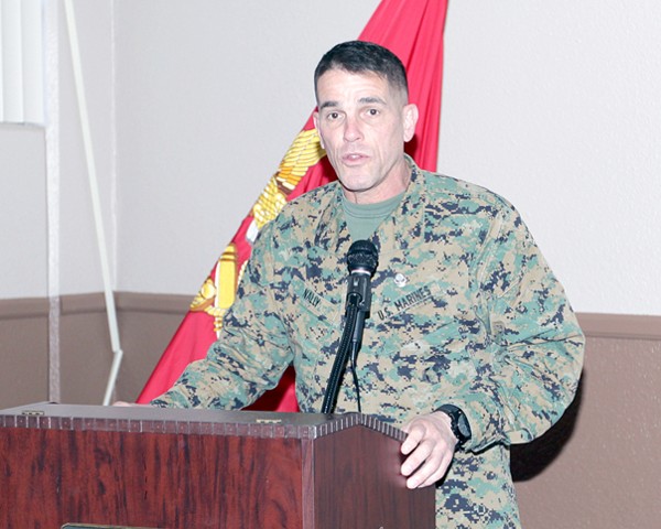 Gen. Nally delivers a brief detailing the evolution of U.S. Marine Corps communications and data infrastructure at the February luncheon. He covered a wide variety of topics within the communications realm including the Marine Corps' current status and pending future improvements.